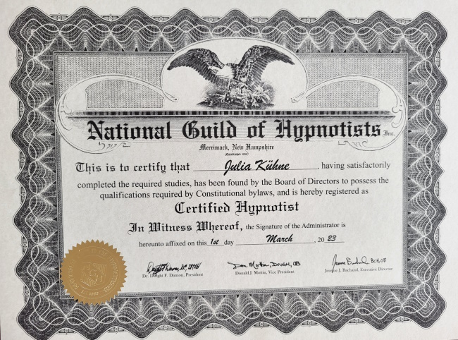 Zertifikat des National Guild of Hypnotists